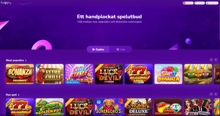 Skärmbild på Happy Casino spelsida