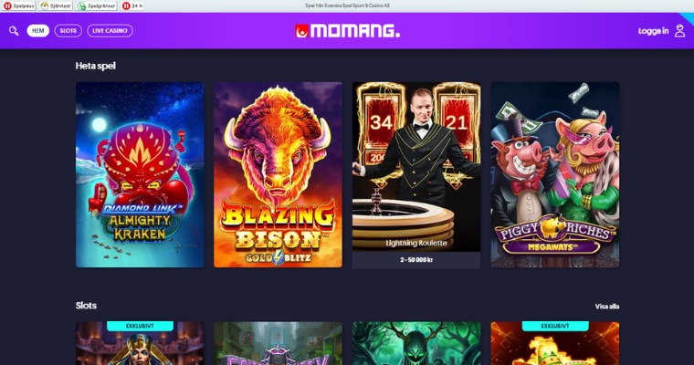 Hemsida och populära spel på Momang Casino
