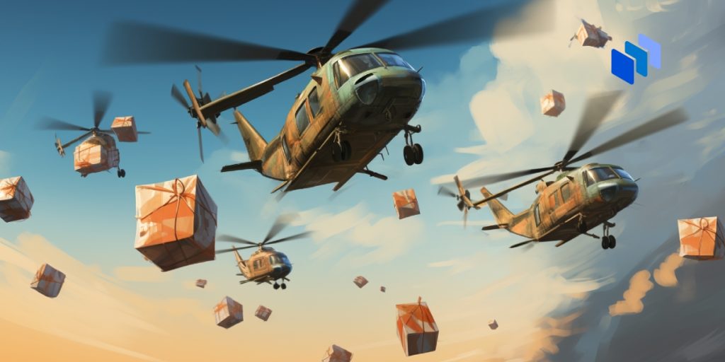 Helikoptrar genomför en luftnedsläpp (airdrop)