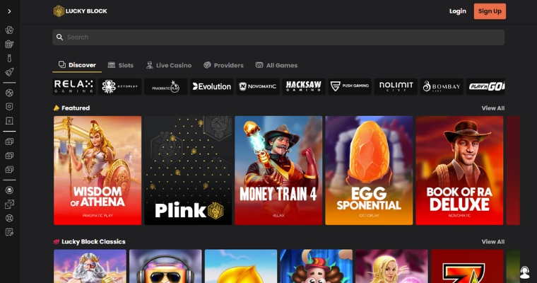 Skärmbild på hemsidan till Lucky Block.