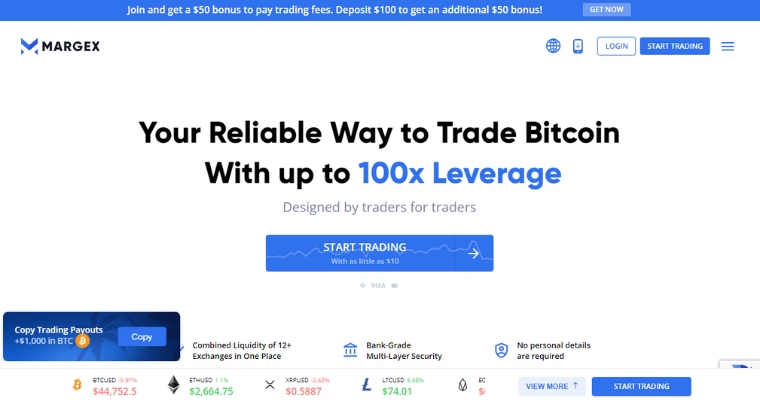 Skärmbild på handelsplattformen för Bitcoin Margex