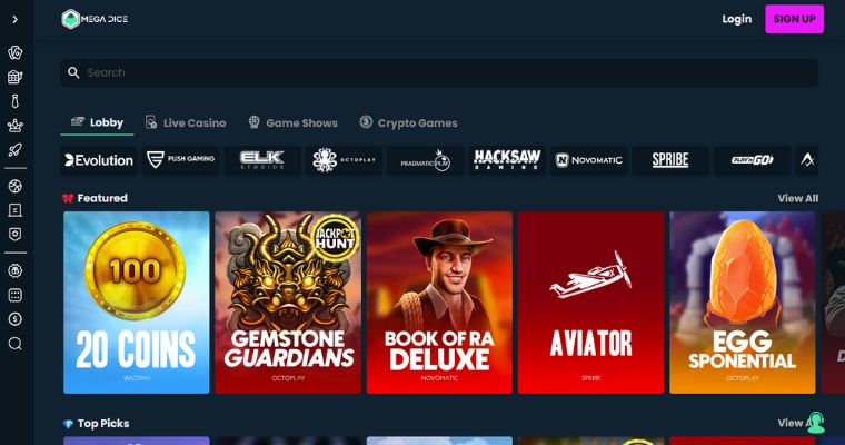 Skärmbild på hemsidan till Mega Dice.
