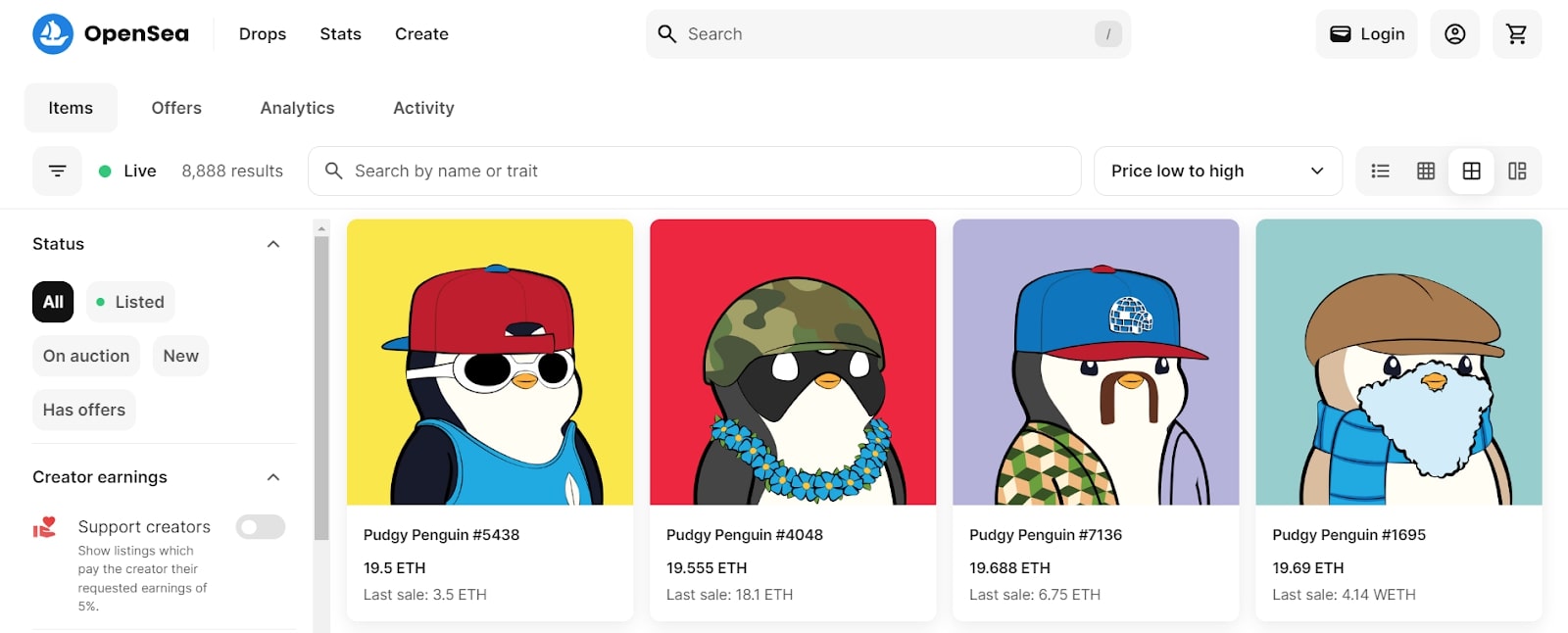 Skärmdump från OpenSea som visar olika Pudgy Penguins NFTtill salu med priser i Ethereum.