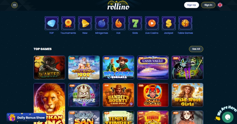 Skärmbild på hemsidan till Rollino casino