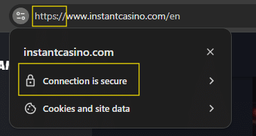 Webbläsarfönster med låssymbol, som visar att ett utländskt casino använder HTTPS och är krypterad.