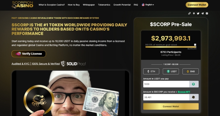 Skärmbild på Scorpion casino med möjlighet att koppla upp kryptoplånbok