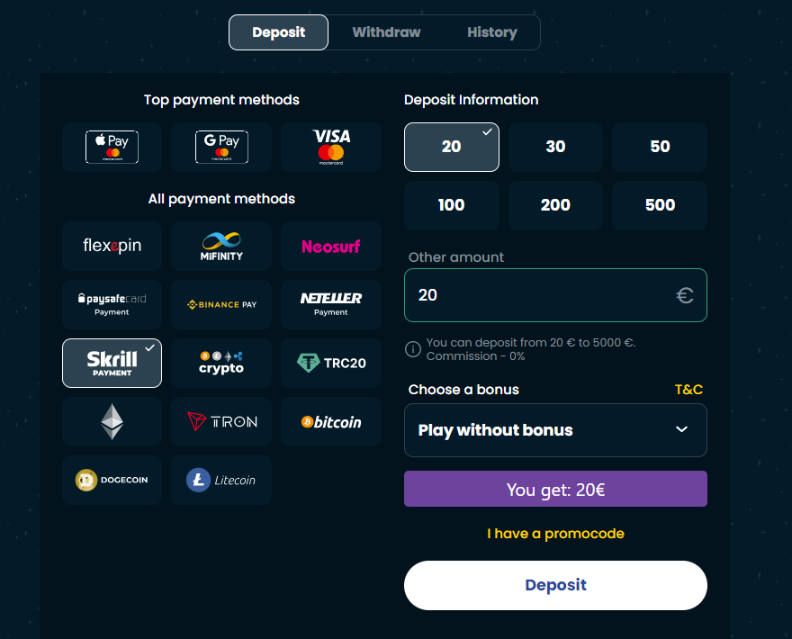 Insättning med Skrill på utländskt casino.
