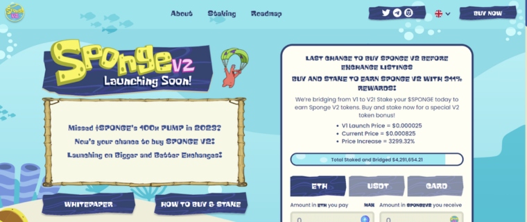 Skärmbild på $SPONGE V2 hemsida med möjlighet för köp
