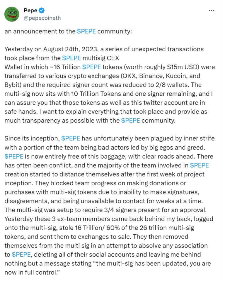 X-inlägg (Twitter) om ex-utvecklare som stjäl $PEPE-tokens.