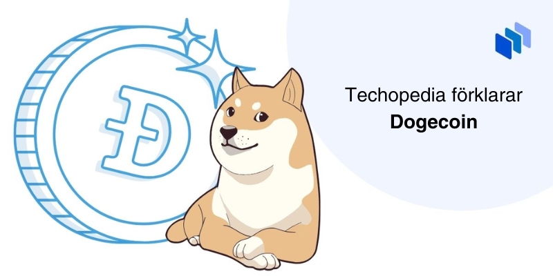 Illustration av Dogecoin med en Shiba Inu-hund framför en stor Dogecoin-symbol.