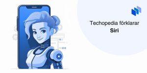 Illustration som förklarar Siri med en animerad kvinnlig robot framför en smartphone.