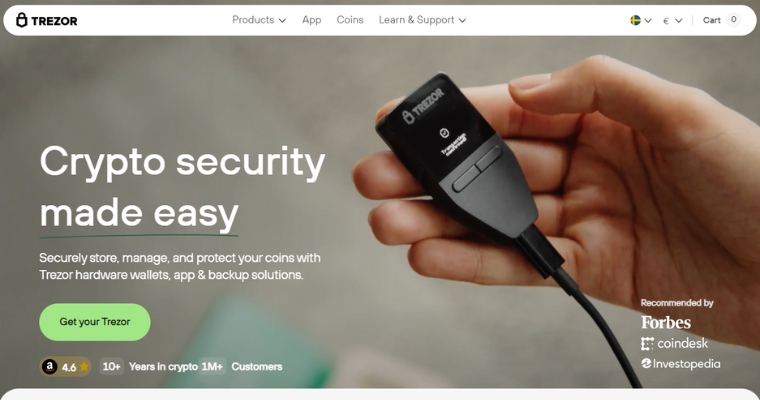 Trezor hemsida med bild på fysisk BTC plånbok