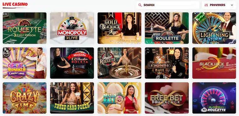 Utbud av live casino spel på utländska casinot Supacasi.