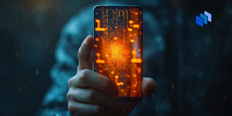 En person som håller upp en hackad mobiltelefon