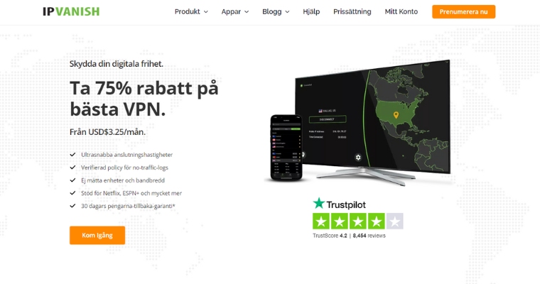 Startsida för IPVanish VPN i Sverige