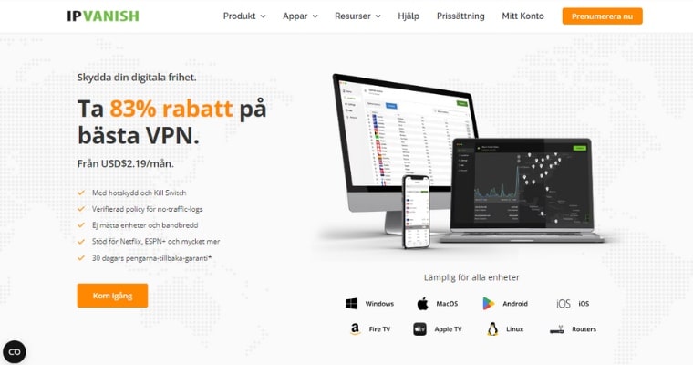 Startsida för IPVanish med appen nedladdad på dator och mobil.