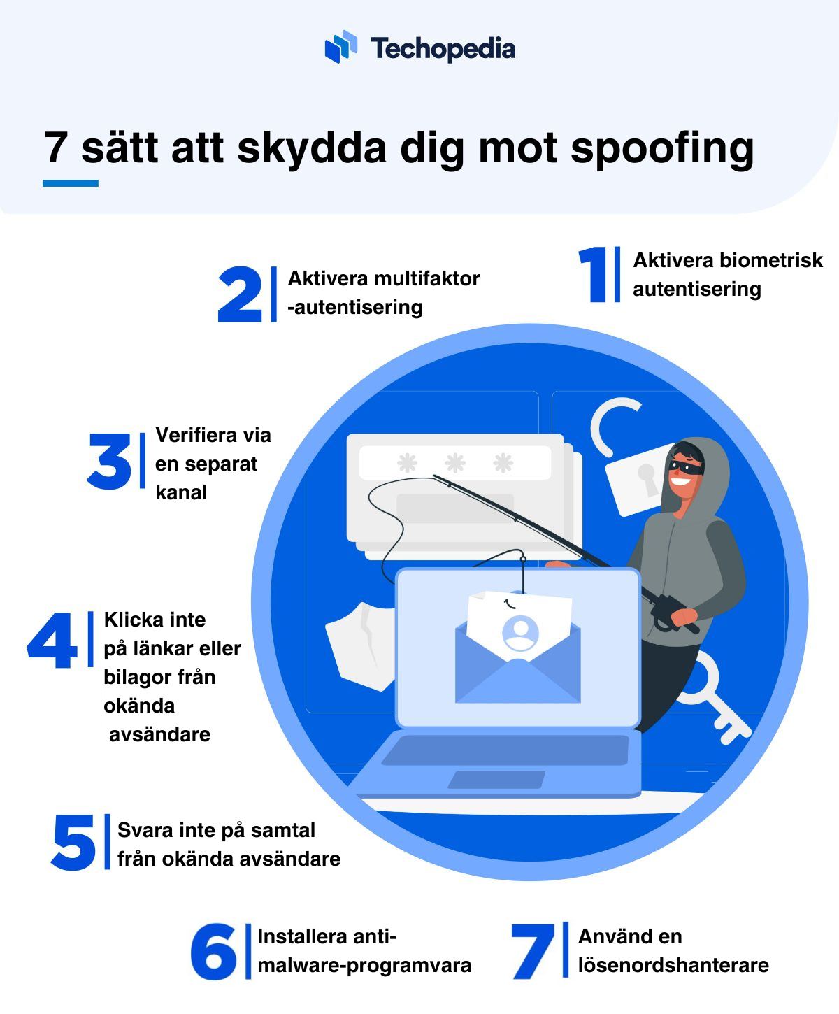 Illustration av sju sätt att skydda sig mot spoofing.