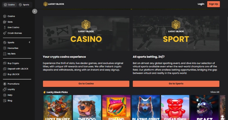 Startsida för Ethereum casinot Lucky Block