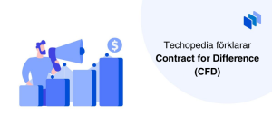 Man i mikrofon vid investeringsgraf och texten Techopedia förklarar Contract for Difference (CFD)