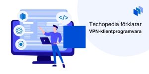 Grafik som visar inställningen av VPN-klientprogramvara på en stor monitor.