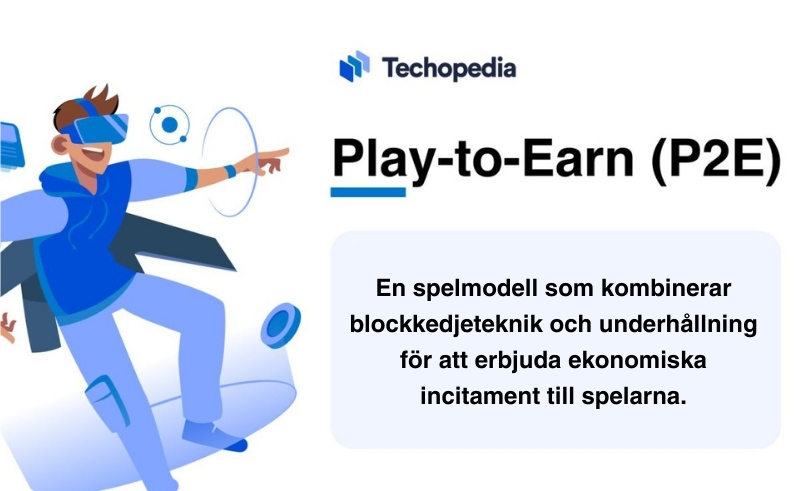 Förklaring av Play-To-Earn (P2E) brevid person som spelar med VR