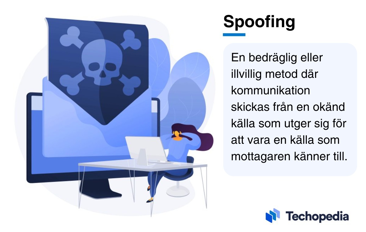 Illustration av en person vid en dator med en varningsikon på skärmen med förklaring av vad spoofing är.