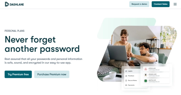 Dashlane-webbsida med sloganen 'Never forget another password' och erbjudande om lösenordshantering via säker app.