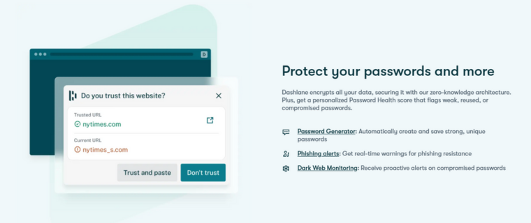Dashlane-sida med säkerhetsfunktioner som lösenordsgenerator, phishing-varningar och Dark Web-övervakning för lösenordsskydd.