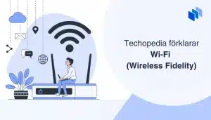 Illustration av man med laptop bredvid en Wi-Fi-router med texten "echopedia förklarar Wi-Fi (Wireless Fidelity).