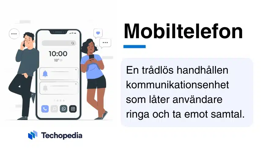 Personer använder en mobiltelefon för att kommunicera, illustration med text om vad en mobiltelefon är.