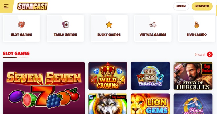 Skärmbild på Supacasi Casino hemsida.