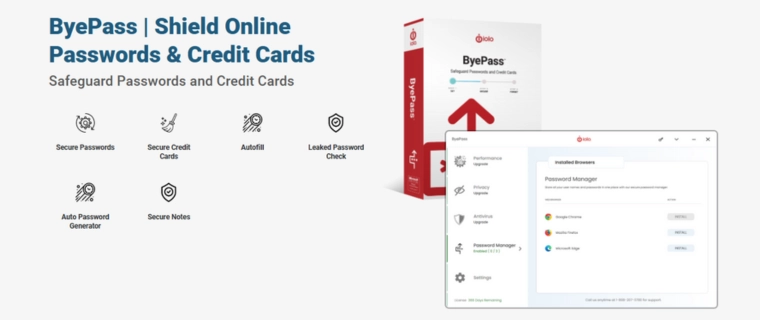 ByePass-lösenordshanterare med funktioner som säkra lösenord, kreditkortsskydd, autoutfyllning och läckta lösenord-kontroll.