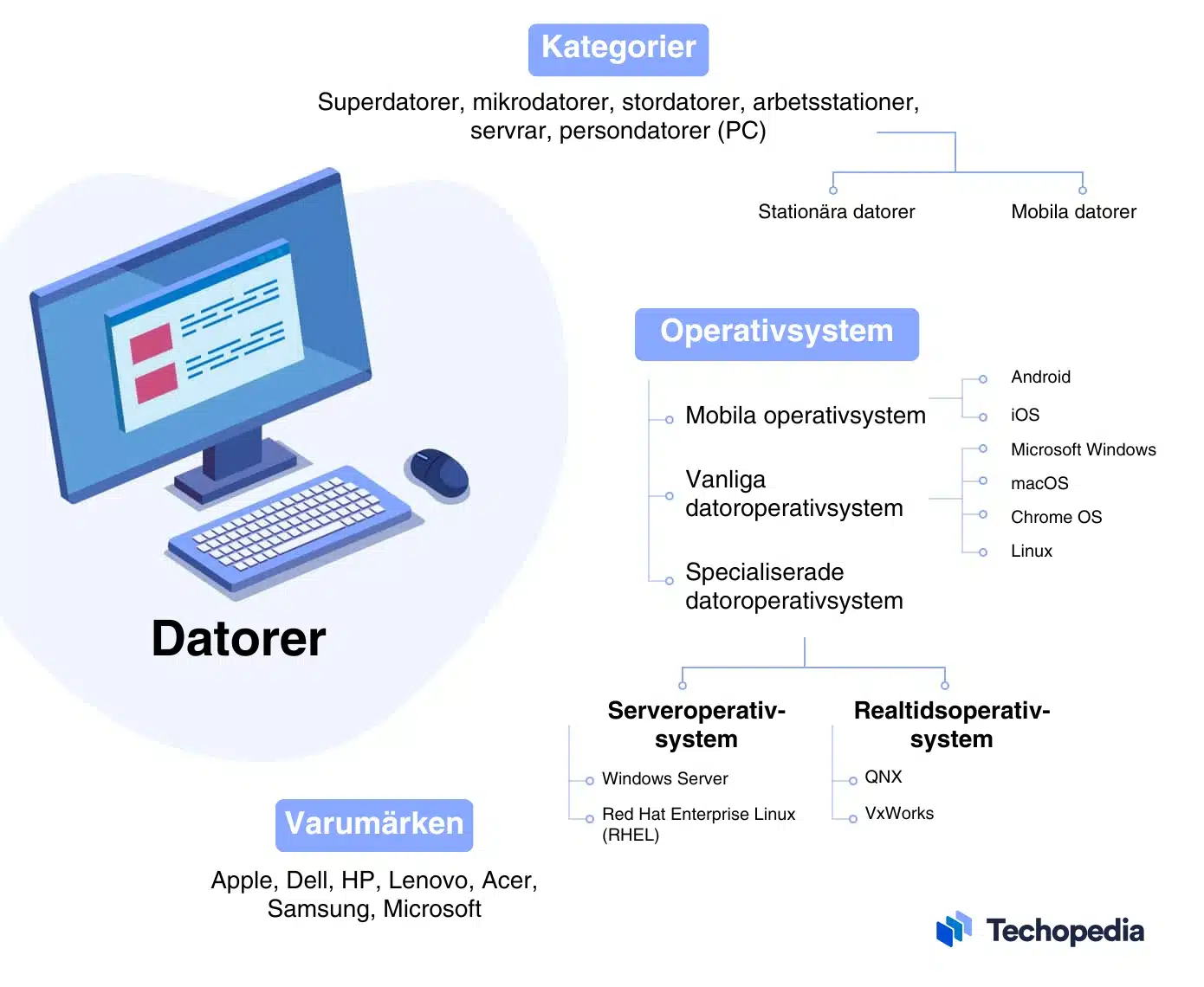 Infografik över datorer och deras olika kategorier, operativsystem och varumärken.