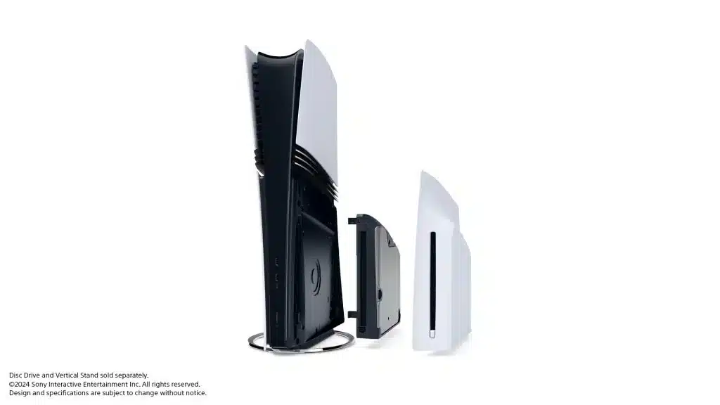 PS5 Pro avtagbara skivenhet och vertikalt stativ som säljs separat, visade sida vid sida.