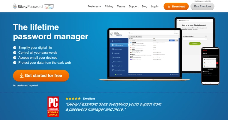 Sticky Password-webbsida med texten 'The lifetime password manager' och erbjudande om lösenordshantering med Dark Web-skydd.