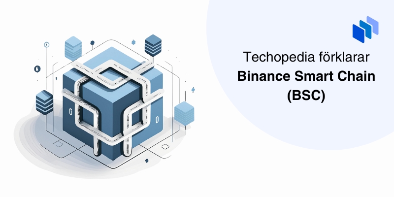Illustration av en blockkedjestruktur med anslutna noder med texten Techopedia förklarar Binance Smart Chain (BSC).