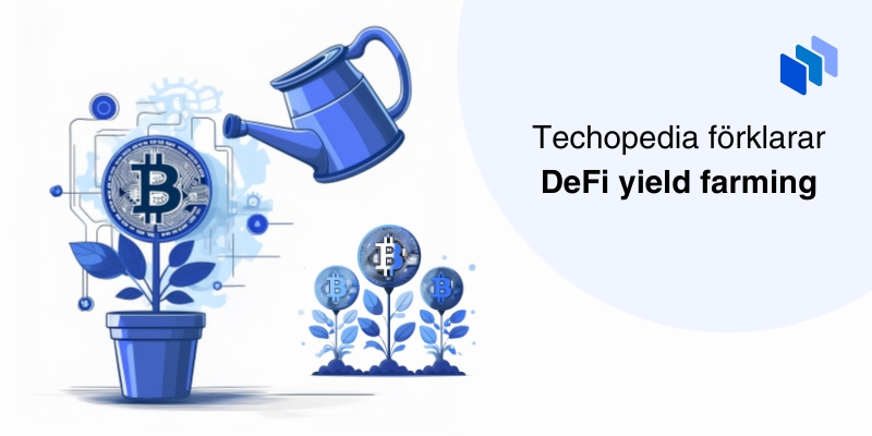 Illustration som beskriver DeFi yield farming med en vattenkanna som vattnar Bitcoin-symboler växande som växter.