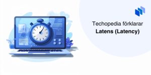 Illustration som förklarar latens med en stoppur på en laptop, symboliserar nätverksfördröjning.