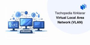 Grafisk bild av tre datorskärmar anslutna i ett Virtual Local Area Network (VLAN).