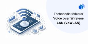 Illustration av en smartphone med Wi-Fi-signal och grafiska ikoner, representerar Voice over Wireless LAN (VoWLAN).
