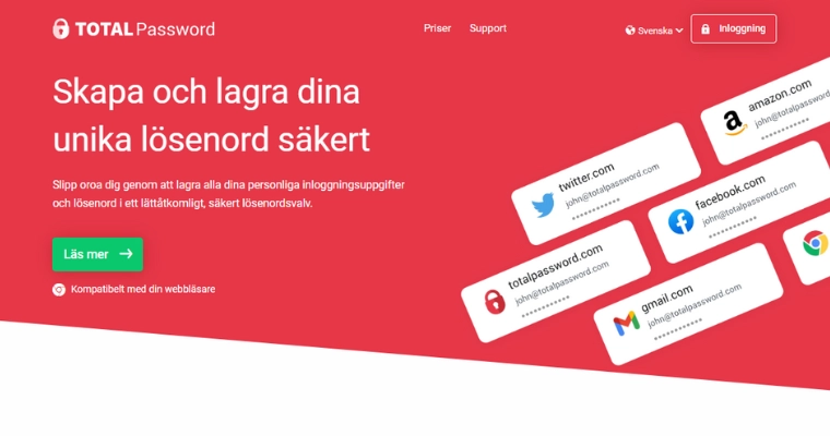 Total Password-webbsida med texten 'Skapa och lagra dina unika lösenord säkert' samt ikoner för olika online-konton.