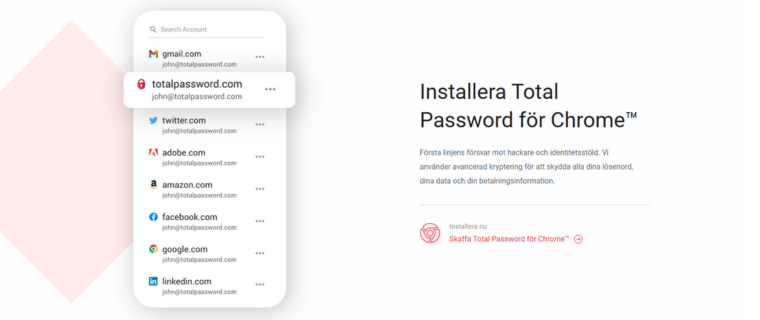 Total Password för Chrome med lista över sparade konton och text om säker kryptering för lösenord och betalningsinformation.