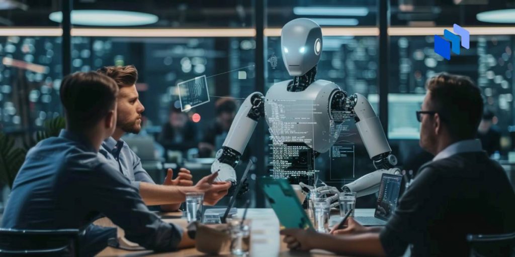 En robot visar ett hologram till två personer vid ett mötesbord.