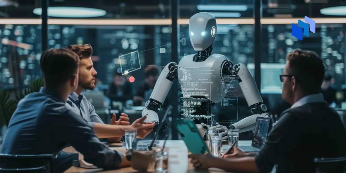 En robot visar ett hologram till två personer vid ett mötesbord.