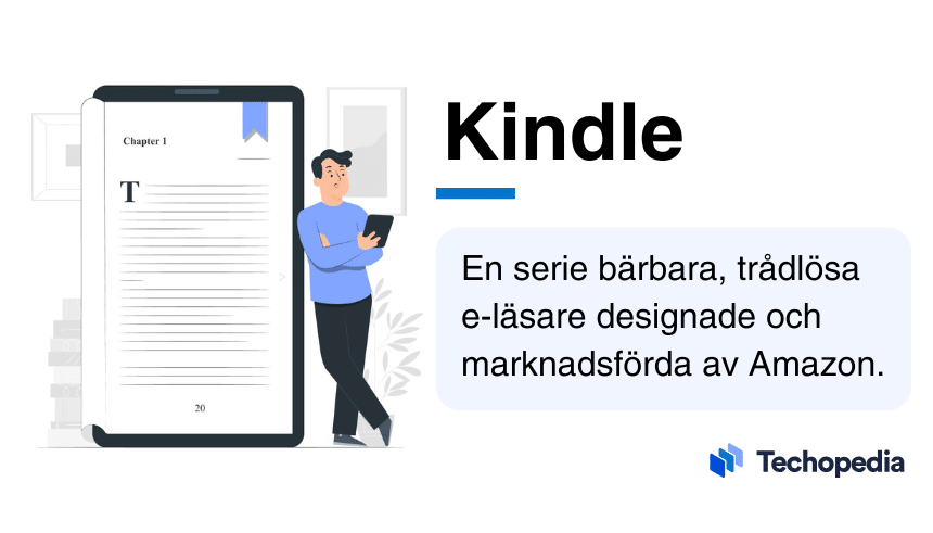 Illustration av Kindle e-läsare med text som förklarar vad det är.