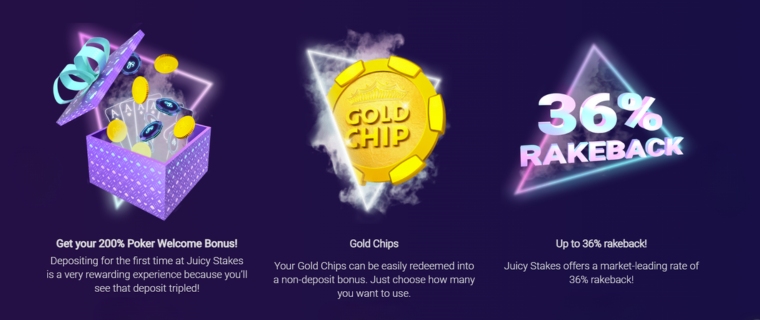 Tre erbjudanden på Juicy Stakes för online poker.