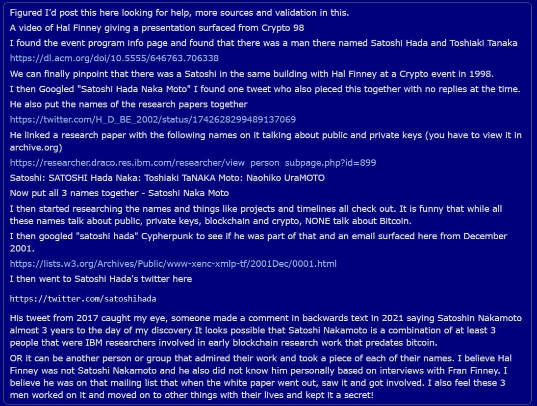 Reddit Satoshi Nakamoto spekulation.