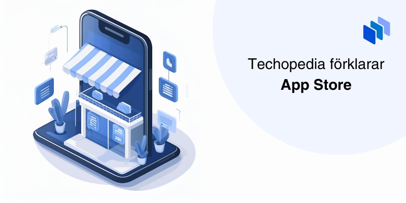 Illustration av en App Store inuti en smartphone, visar en digital butiksfasad.