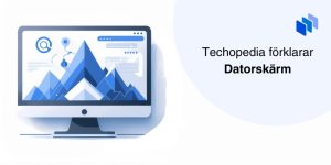 Illustration som visar en datorskärm med grafiska representationer av berg och analysdiagram.