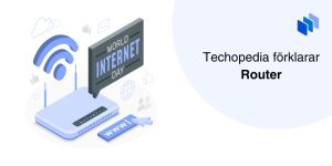 Illustration av en router med symbol för WiFi, världskarta och text som säger 'World Internet Day'. Texten bredvid förklarar 'Router'.